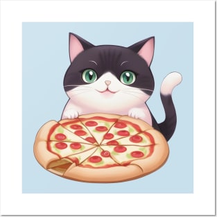 Cute Cat Holding a Pizza Posters and Art